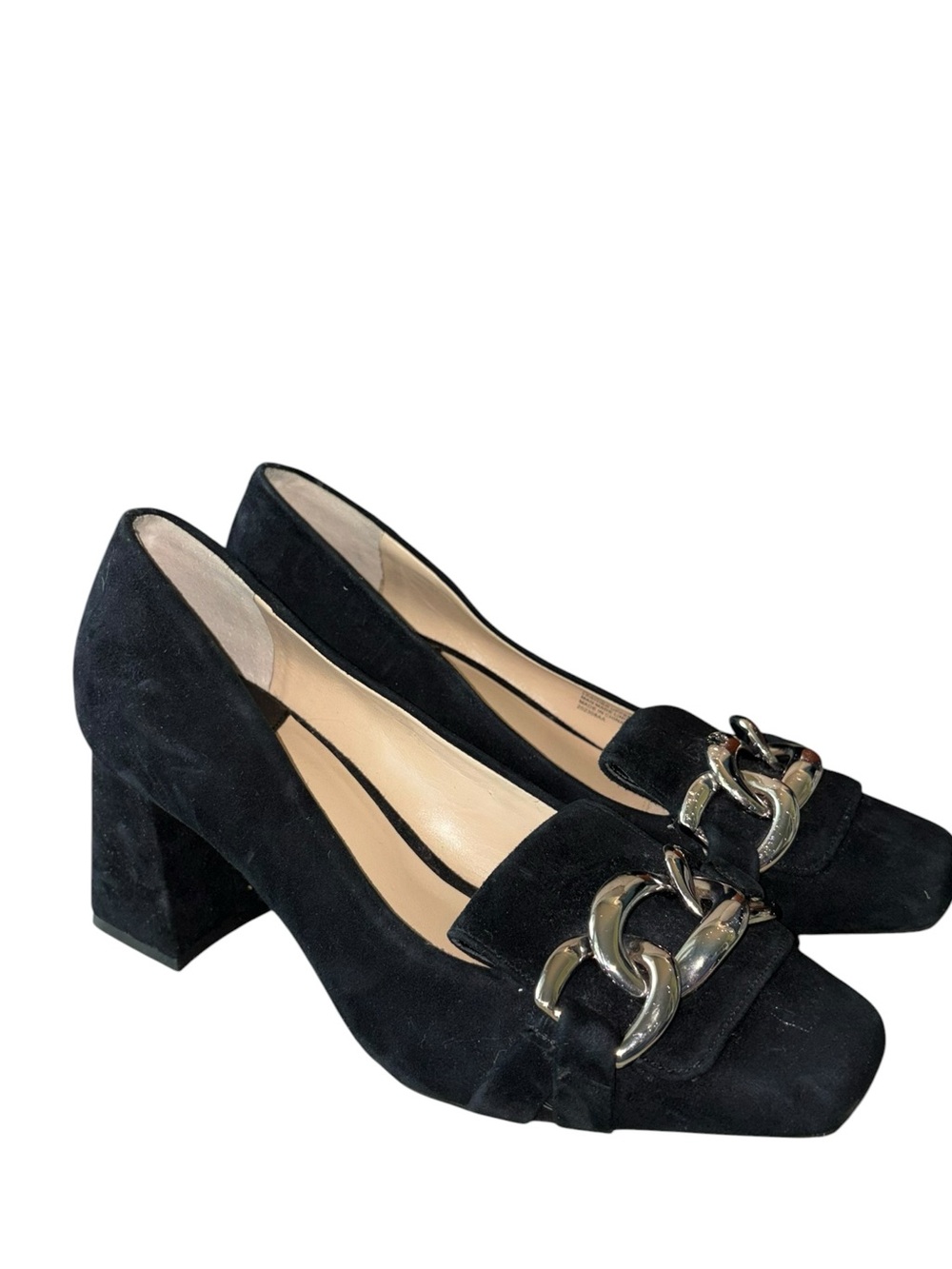 NEW Alex Marie Black Suede Chunky Silver Chain Detail Block Heels - 6.5
